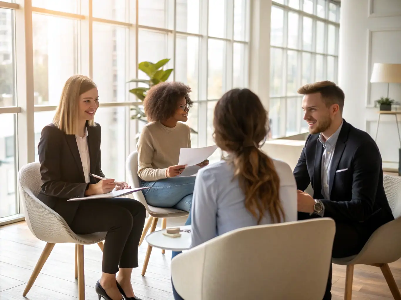 An image of a professional interview taking place in a modern office setting, symbolizing Clover's recruitment services.