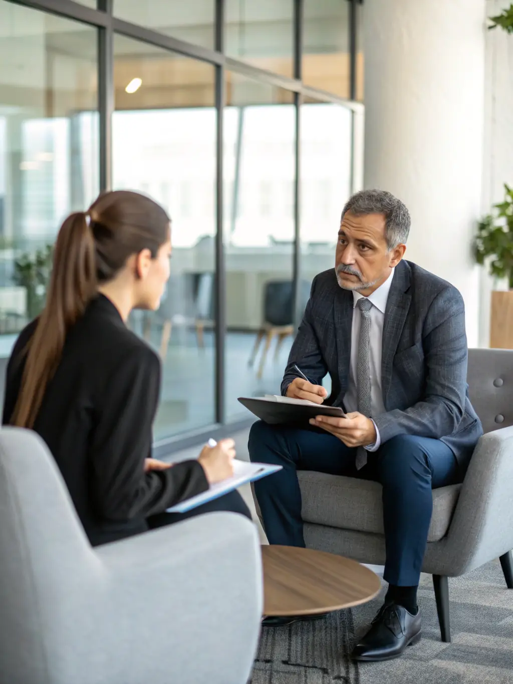 A professional headshot of a recruiter interviewing a candidate in a modern office setting, conveying expertise and personalized service.